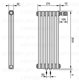 Схема (чертеж) Радиатор Zehnder Charleston 2200/6 №V008 Белый глянцевый RAL 9016